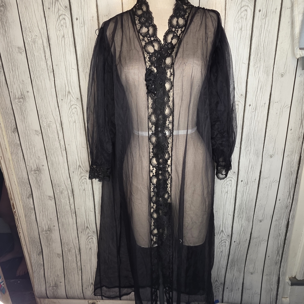 Vintage 90s Appel Sheer Whimsigoth Maxi Robe Lace Trim Small Romantic Coquette